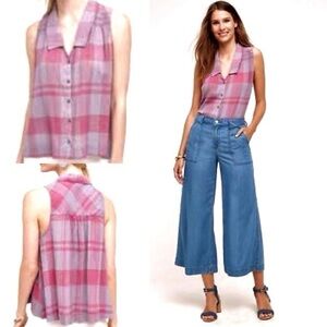 Anthropologie‎ | Holding Horses Pink Purple Plaid Metallic Button-Up Tank…